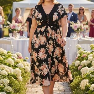 NWOT Torrid Black Floral Lace-Up Midi Dress | Size 2 (2X)